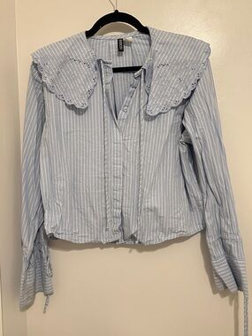 H&M Light Blue & White Striped Cotton Blouse with Decorative Collar